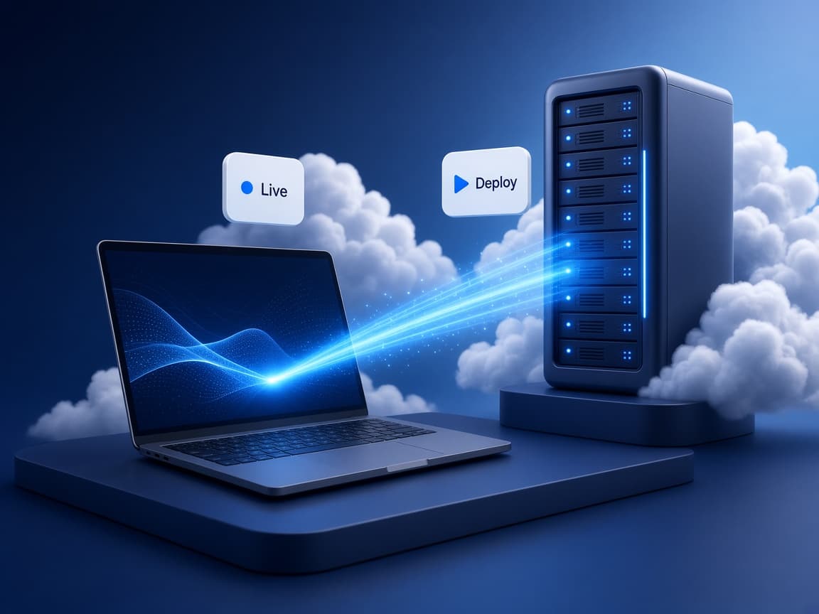 Illustration of a laptop deploying to a server in the cloud