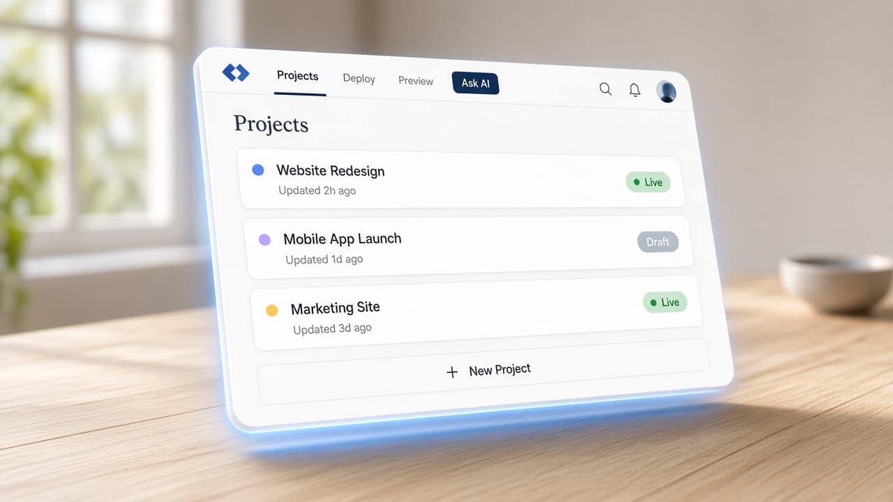 Pipevolve workspace with projects, deploy, and preview