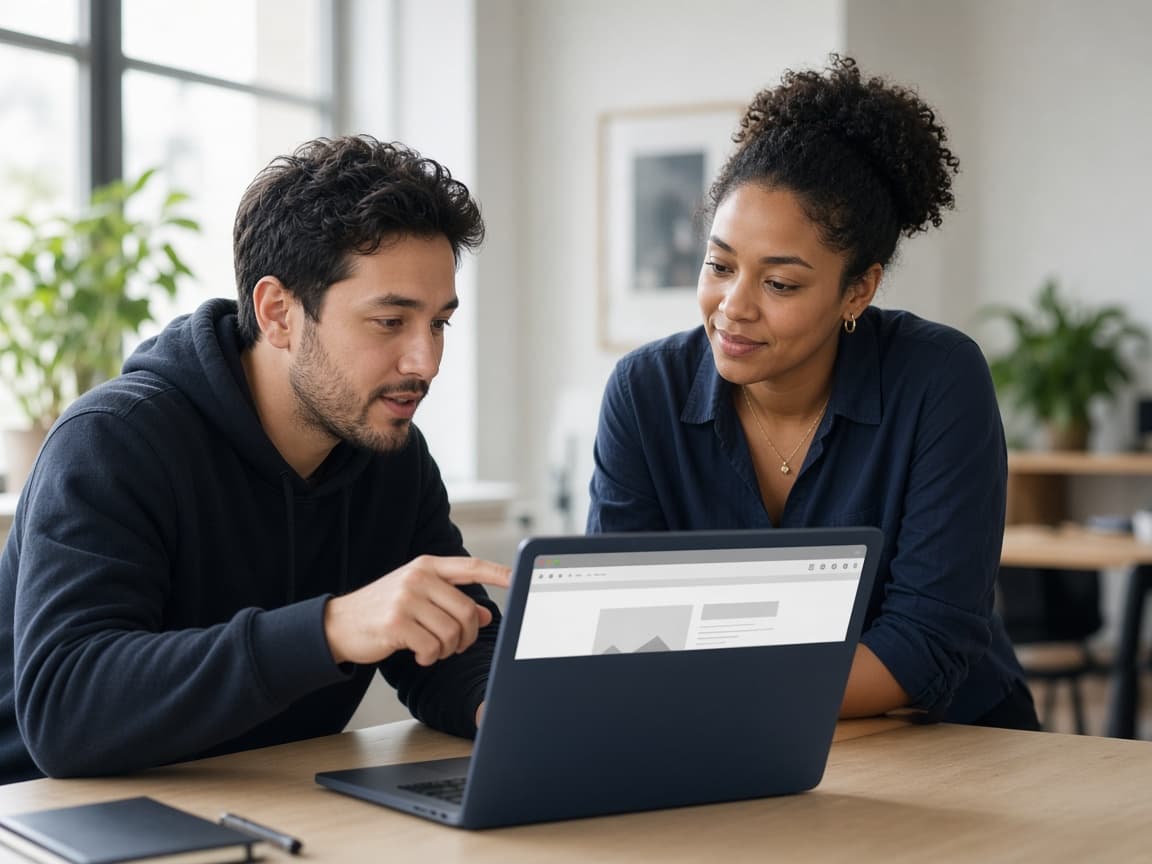 Teammates reviewing a live website preview on a laptop